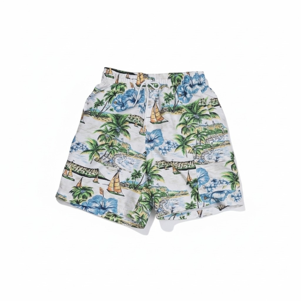croft & barrow White Tropical Print Swim Shorts with Blue and Green Accents
